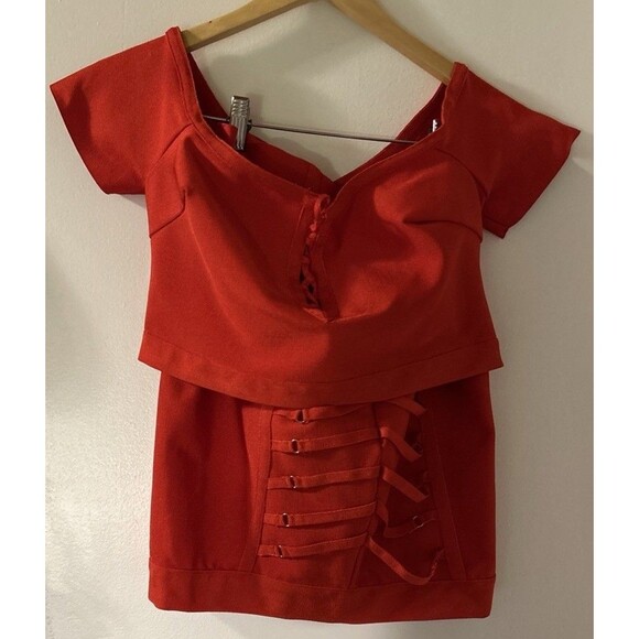 Love Couture Womens Two Piece Red Bandage Top Skirt Stretch Set Size Large - Picture 1 of 9